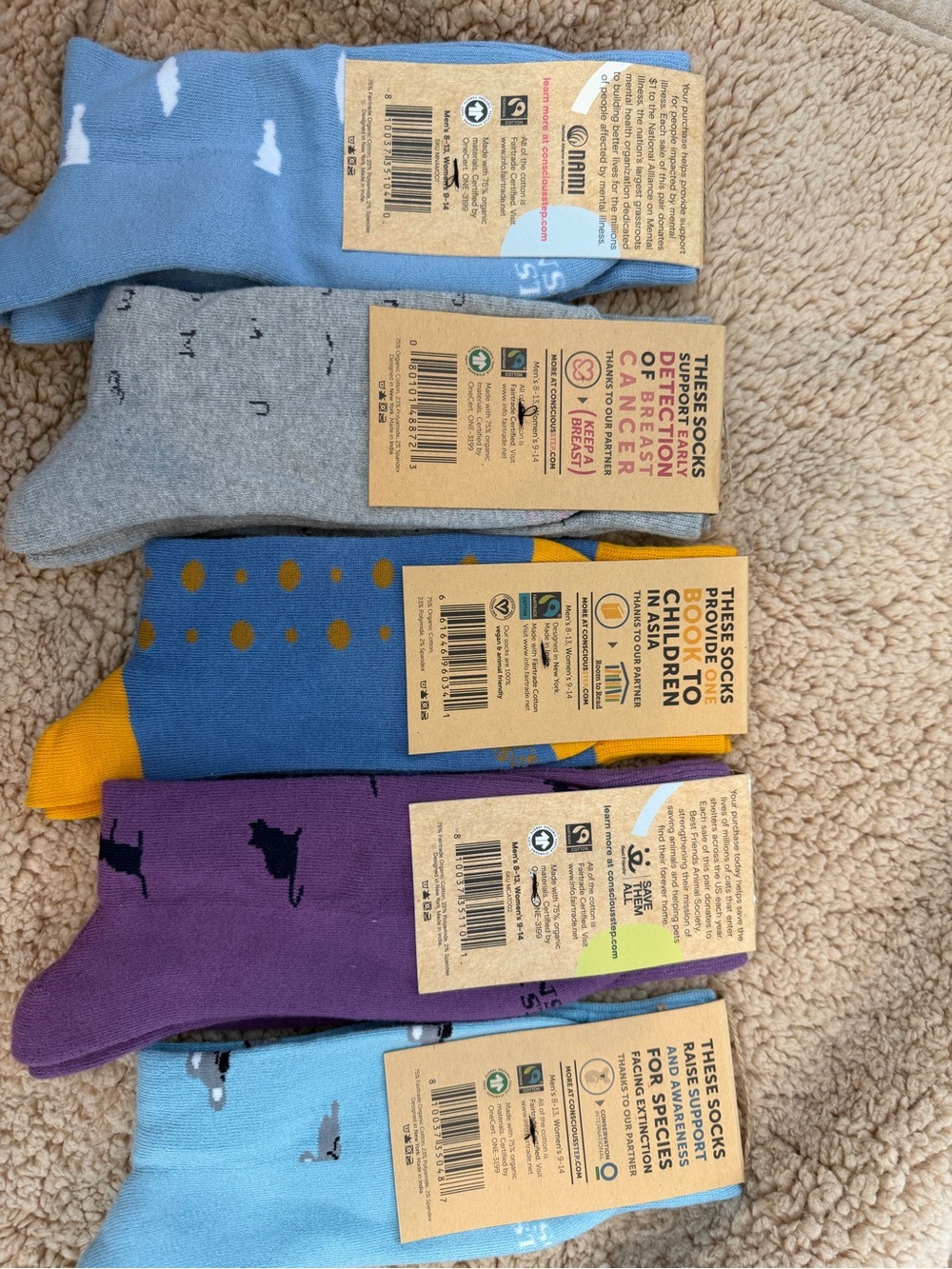 Conscious Step: Set of 5 Med W: 9-14 Casual Socks in Blue, Gray, Purple, Yellow